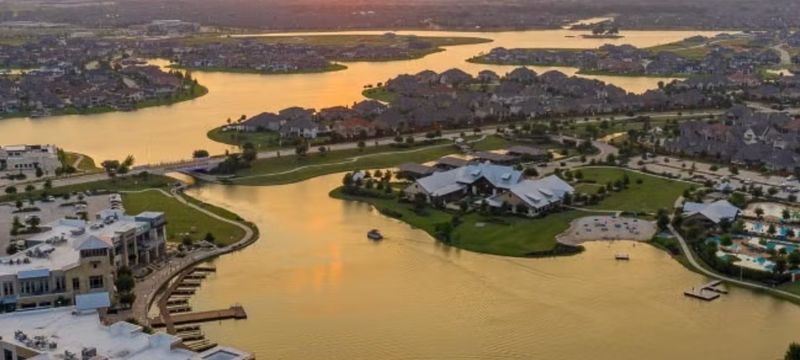 Cypress Towne Lake community at sunset